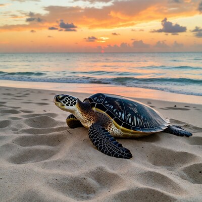 Sea turtle on beach at sunset