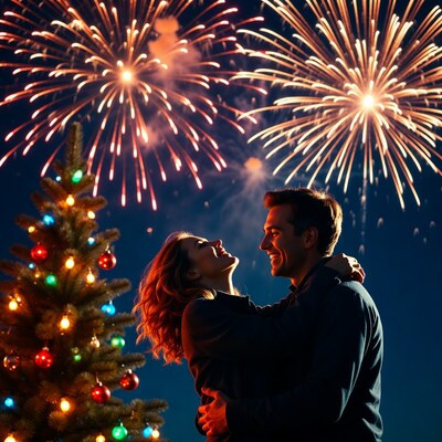 Couple embracing under fireworks and Christmas tree