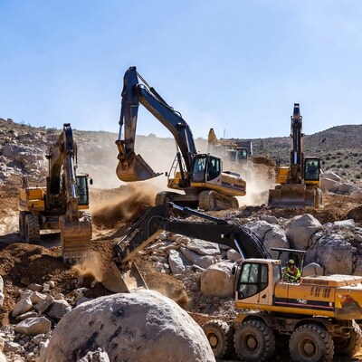 Excavators Digging Rocks in Quarry