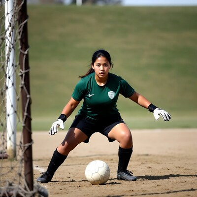 Female soccer goalie ready in green uniform