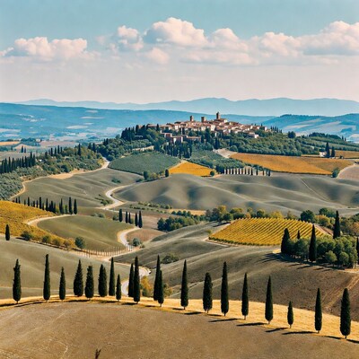 Tuscan Hilltop Village with Cypress Trees