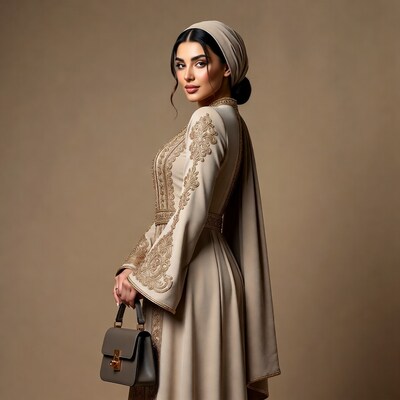 Middle Eastern woman in beige embroidered abaya