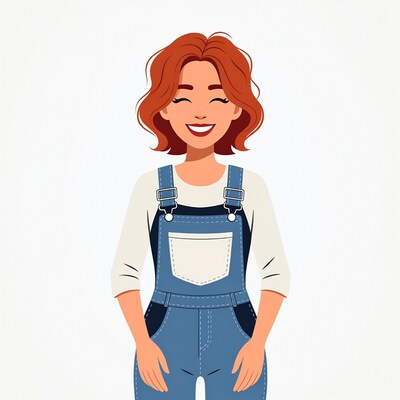 Smiling woman in blue overalls