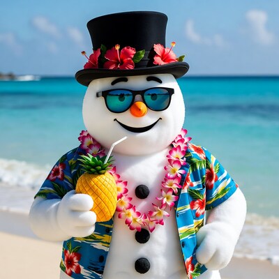 Snowman in Hawaiian vacation attire