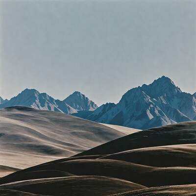 Snowy Mountains Beyond Sand Dunes