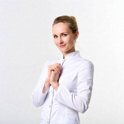 Blonde woman in white coat praying