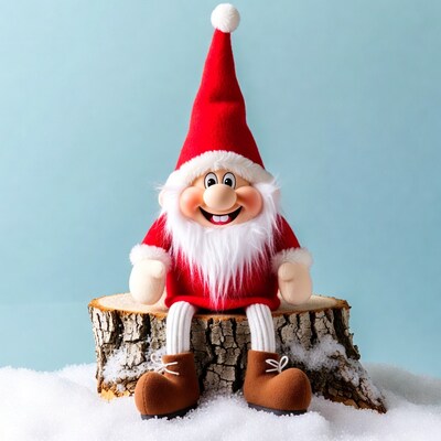Smiling Gnome Santa on Snowy Stump