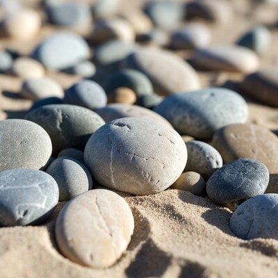 Smooth pebbles on sandy beach