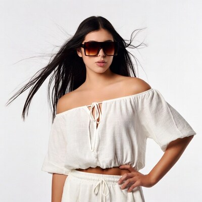 Asian woman in white off-shoulder top sunglasses