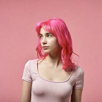 Woman with pink hair on pink background