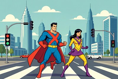 Superman and Supergirl crossing crosswalk