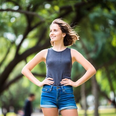Smiling woman hands on hips in park