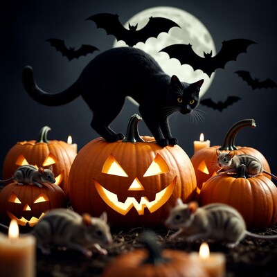 Black Cat on Jack-o-Lanterns with Rats
