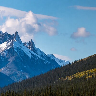 Snowy Peaks and Autumn Forest Mountains