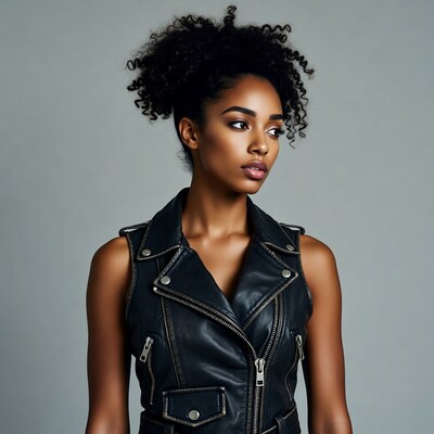 Black woman in leather vest profile