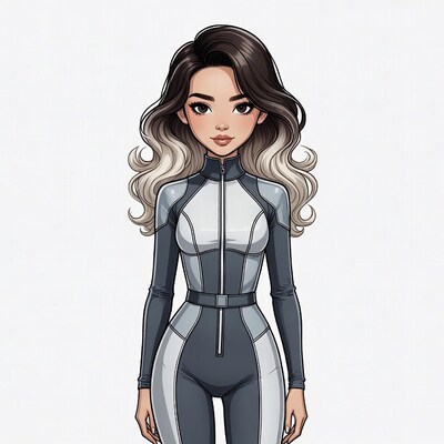 Asian woman in gray futuristic bodysuit