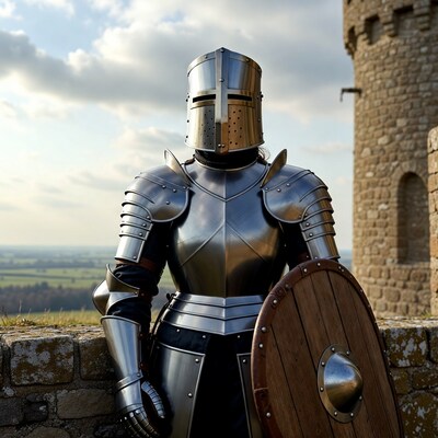 Knight in Armor Holding Shield by Castle