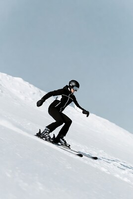 Woman snowboarding down snowy slope