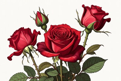 Red Roses with Buds Illustration