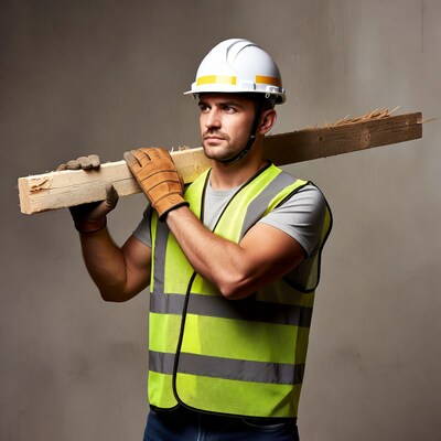 Construction worker carrying wooden beam
