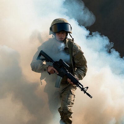 Soldier with rifle in smoke