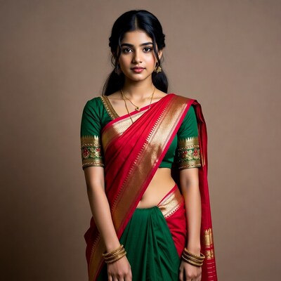 Indian woman in green red saree