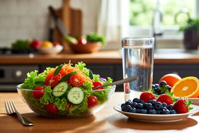 Fresh vegetable salad with fruits