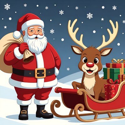 Santa Claus with Rudolph and Sleigh
