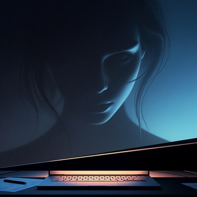 Silhouette woman over open laptop