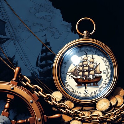 Vintage Compass with Ship and Treasure