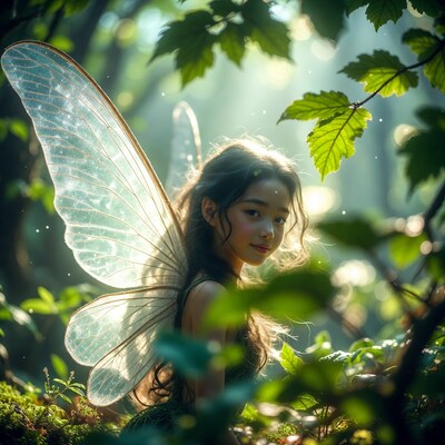 Asian girl with fairy wings in forest