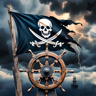 Pirate Flag and Ship Wheel in Storm