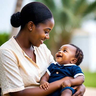 African mother holding smiling baby