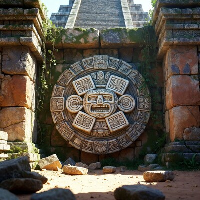 Aztec Sun Stone on Ancient Mayan Temple