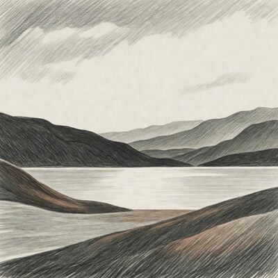 Mountain Lake Landscape Drawing
