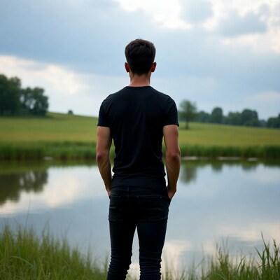 Man standing by pond back view
