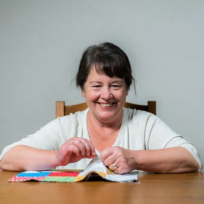 Smiling woman sewing quilt patches