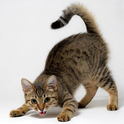 Tabby kitten playing with tongue out