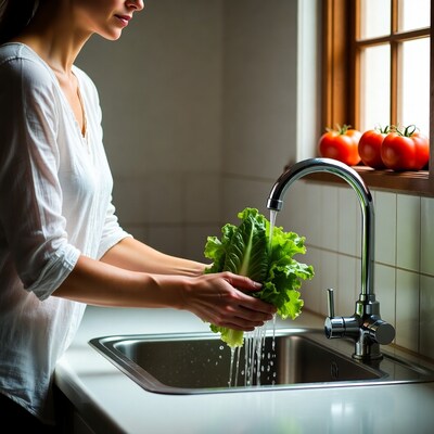Woman washing lettuce in kitchen sink