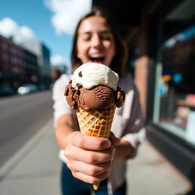 Girl holding chocolate vanilla ice cream cone