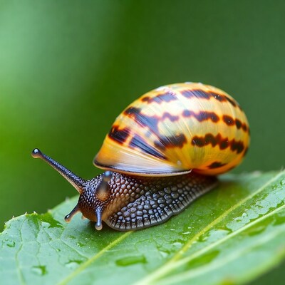 Striped Snail on Wet Leaf