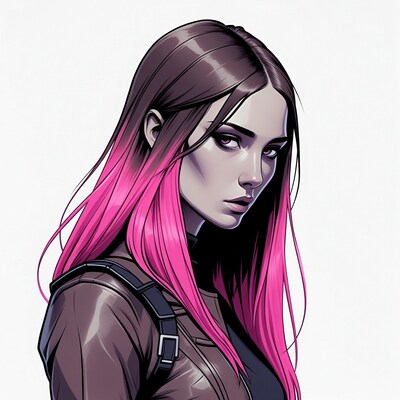 Woman with pink hair in leather jacket