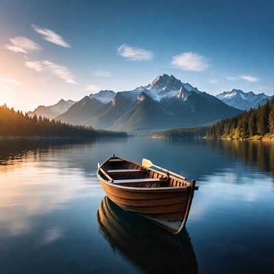 Wooden boat on mountain lake