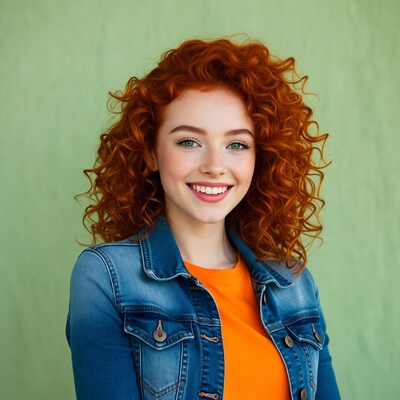 Smiling woman with curly red hair