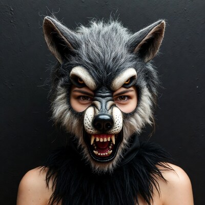 Girl wearing snarling wolf mask