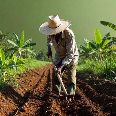 Elderly Asian farmer hoeing field