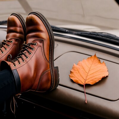 Brown leather boots with autumn leaf in car