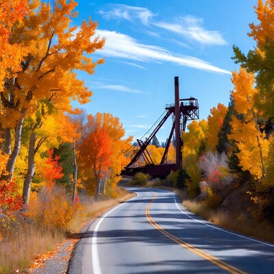 Rusty mining crane amid autumn trees