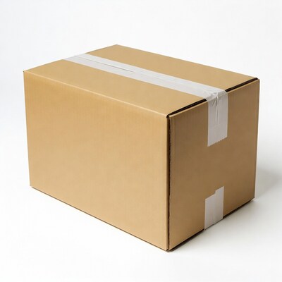 Cardboard box taped with white tape