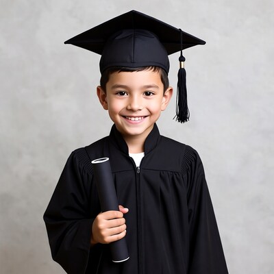 Asian boy in graduation gown with diploma